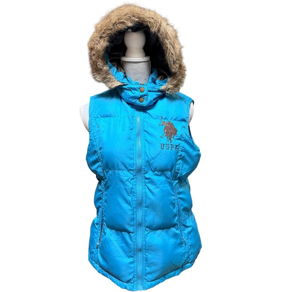 U.S. POLO ASSN. Women’s Puffer Vest L Blue Faux-Fur‎ Hood USPA Logo